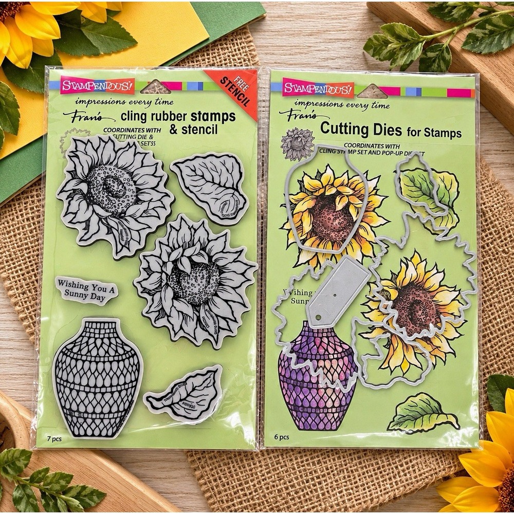 Stampendous Sunny Vase Sunflower Cling Rubber Stamps Stencil Cutting Dies Set
